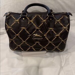 Longchamp Black Satchel with Gold Chain-Print Accents